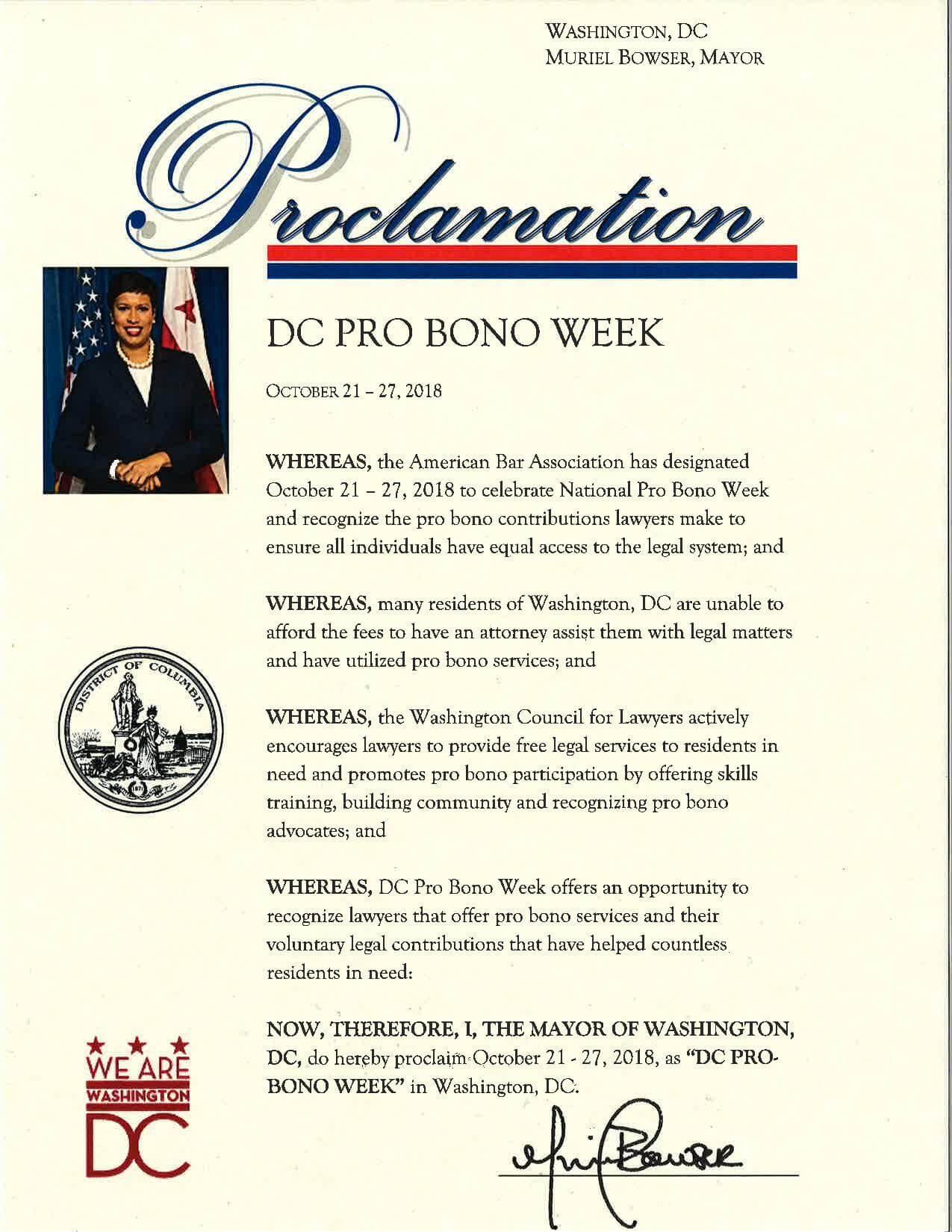 DC Pro Bono Week 2018 Mayoral Proclamation