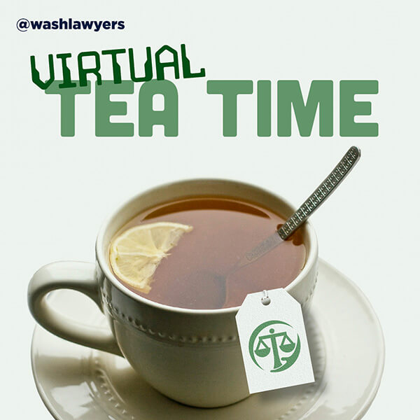 Graphic: virtual tea time and tea cup filled with tea, tea bag and spoon and saucer