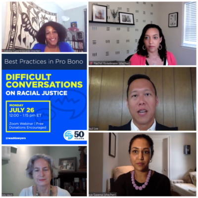 Graphic: Best Practices In Pro Bono Difficult Conversations On Racial Justice Panel Collage