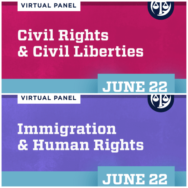 Graphic: collage of Civil Rights & Civil Liberties and Immigration & Human Rights panel graphics
