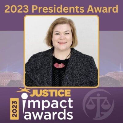 Graphic: 2023 Justice Impact Awards Presidents Award Nancy Drane With Headshot Of Nancy Drane Centered