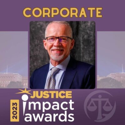 Graphic: 2023 Justice Impact Awards Corporate Counsel Pat McGlone With Pat's Headshot In The Middle