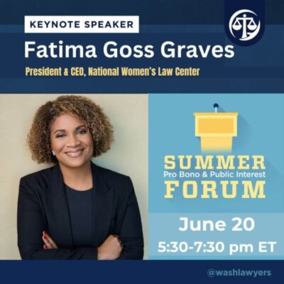Graphic: Summer Forum Keynote with dates, Fatima Goss Graves and picture of Fatima Goss Graves