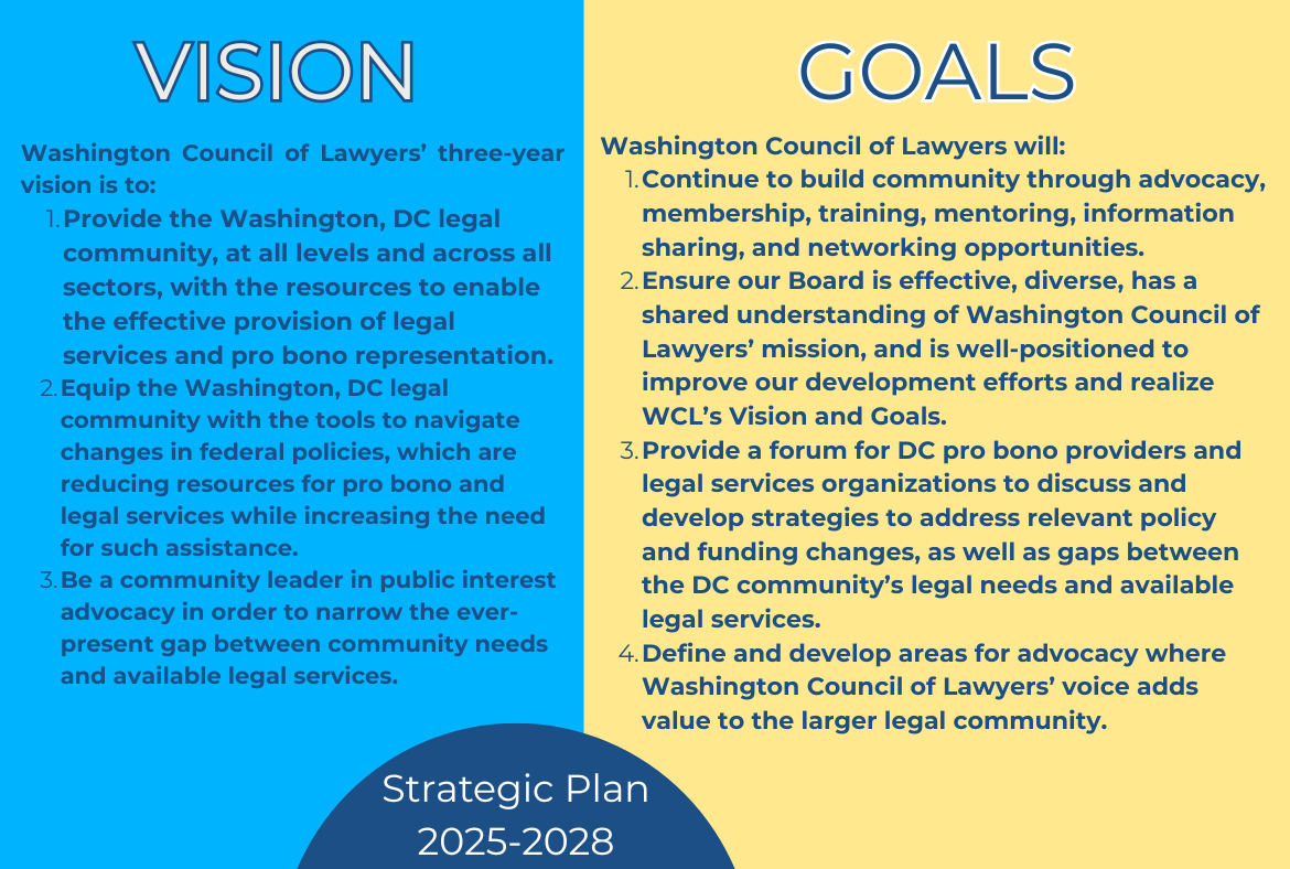 Graphic: 2025-2028 Strategic Plan with side by side color blocks. Blue is on the left and contains Vision statements. Yellow is on the right and contains goals.