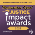 Nominations Open for the 2025 Justice Impact Awards with a microphone shape with a star on top.
