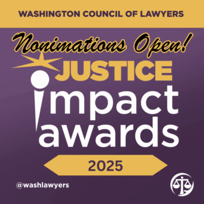 Nominations Open for the 2025 Justice Impact Awards with a microphone shape with a star on top.