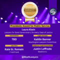 Graphic: 2025 Justice Impact Awards awards and names on a purple background with spotlights and gold ribbon with 2025 Justice Impact Award text on the top