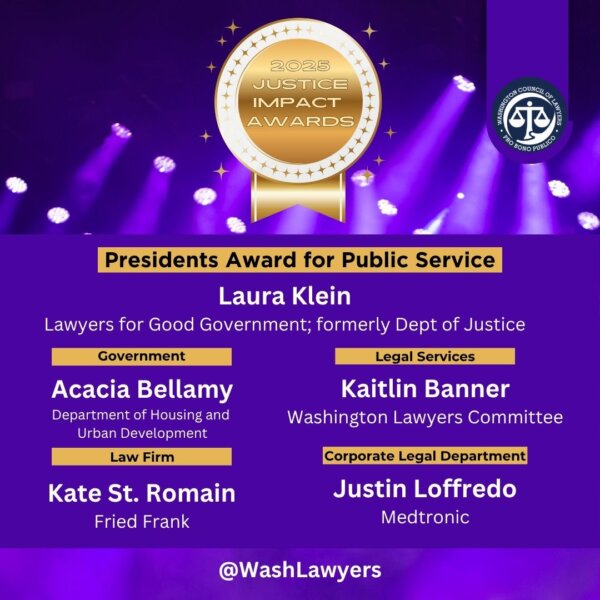 2025 Justice Impact Awards Laura Klein Presidents Award Acacia Bellamy Government Award Kaitlin Banner Legal Services Award Kate St. Romain Law Firm Award Justin Loffredo Corporate Award all on purple background with gold medal at the top