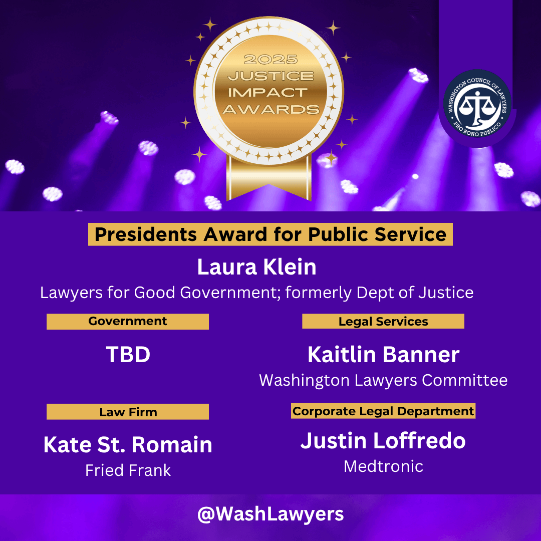 2025 Justice Impact Awards recipients Graphic: 2025 Justice Impact Awards awards and names on a purple background with spotlights and gold ribbon with 2025 Justice Impact Award text on the top