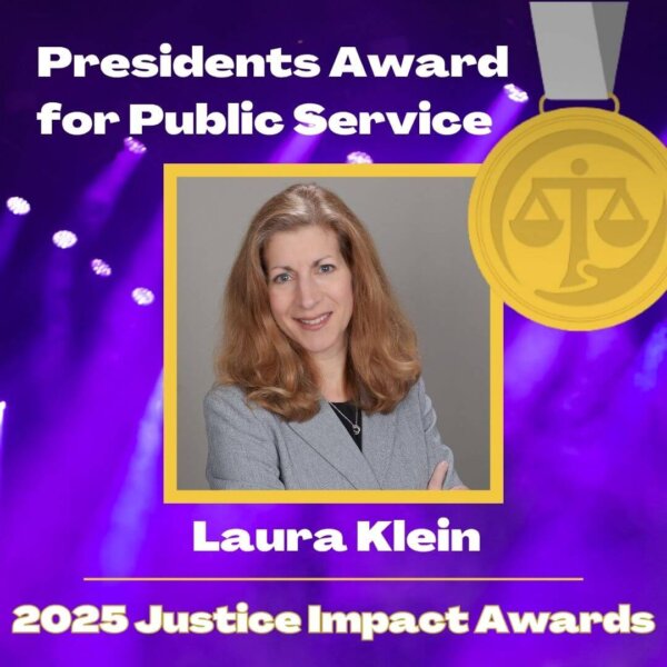 Graphic: 2025 Presidents Award with headshot of Laura Klein (award recipient) in the middle framed in gold with a purple background