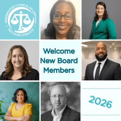 Graphic with 9 squares. Starting in the upper left-hand corner and moving clockwise - dark teal square with logo in white on top, Millicent Newhouse, Andrea Mangones, Ira Coats, light teal square with 2026 in medium teal, Dana Foster, Alana Brown, Jenn Mellott. In the middle a medium teal square with the text Welcome New Board Members
