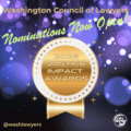Graphic: Purple background with transparent bubbles text at top in gold says Washington Council of Lawyers a gold medal in the middle says 2026 Justice Impact Awards and above the medal in line green says Nominations Now Open!